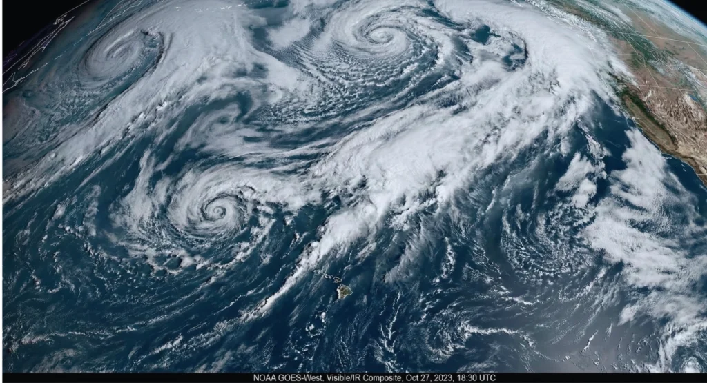Real satellite-style image showing an atmospheric river moving toward the West Coast.