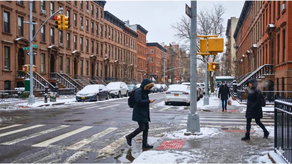 First snowfall of the season covers a New York City street as residents walk through fresh snow during early winter.