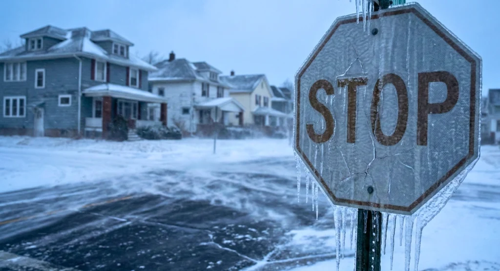 Close-up of a stop sign completely covered in thick glaze ice and icicles in a suburban neighborhood, illustrating the hazardous travel conditions caused by the Arctic blast in the U.S. South and Midwest.