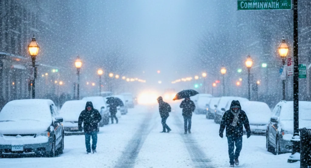 Heavy snowfall covering streets and cars during a major winter storm in the U.S. Northeast.