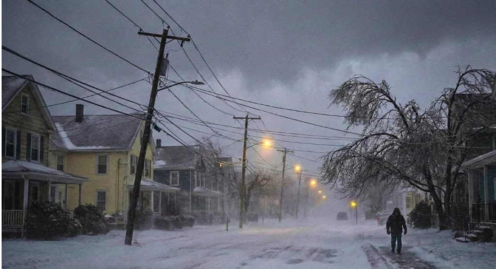 Power lines and homes affected by heavy snow and strong winds during a Northeast winter storm, showing outage risks.