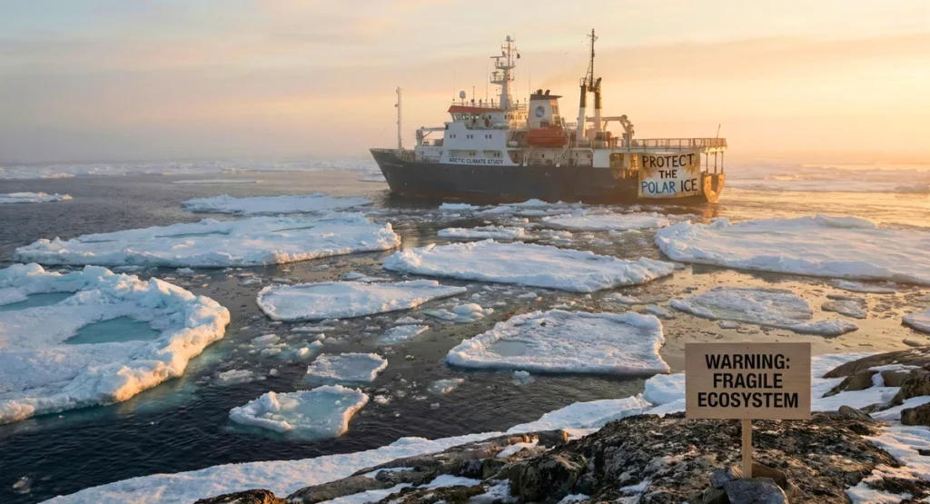 Arctic Ocean sea ice with a research vessel in the distance, illustrating Norway’s freeze on deep-sea mining.