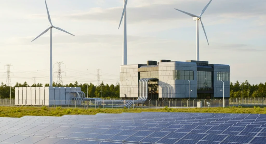 A modern AI data center powered by solar panels and wind turbines, showing clean energy infrastructure under natural daylight.