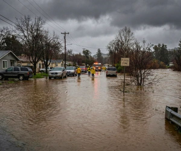 A flooded West Coast neighborhood following heavy rainfall from an atmospheric river.
