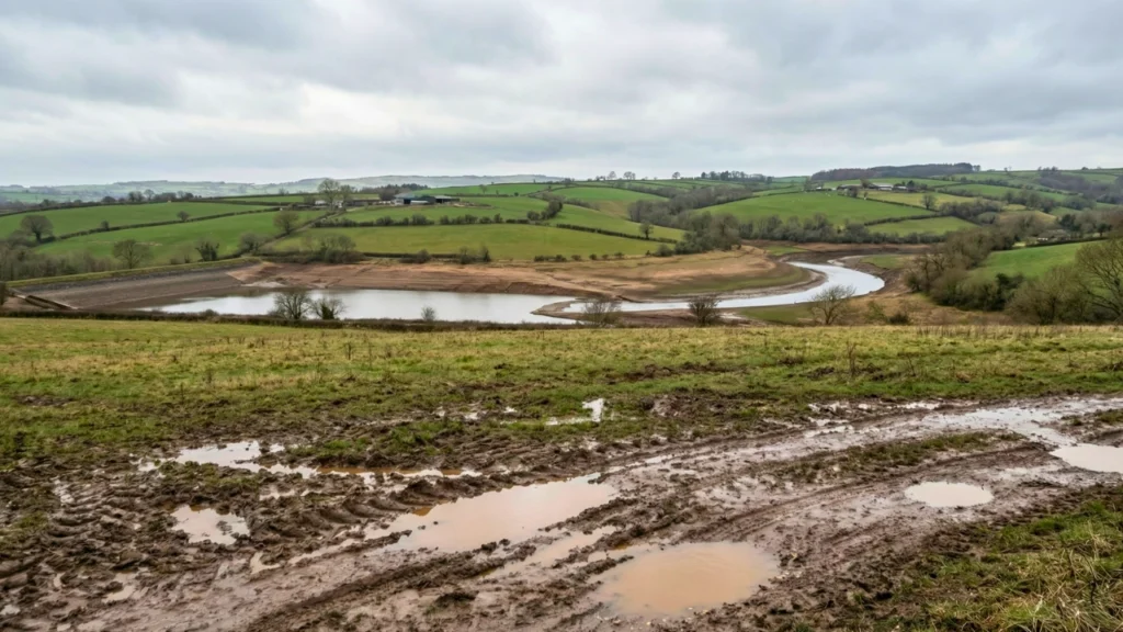West Country farmland after rainfall showing lingering drought conditions, low reservoirs, and compacted soil despite recent rain