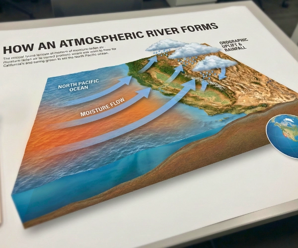 Scientific-style diagram showing moisture transport from the Pacific Ocean forming an atmospheric river.
