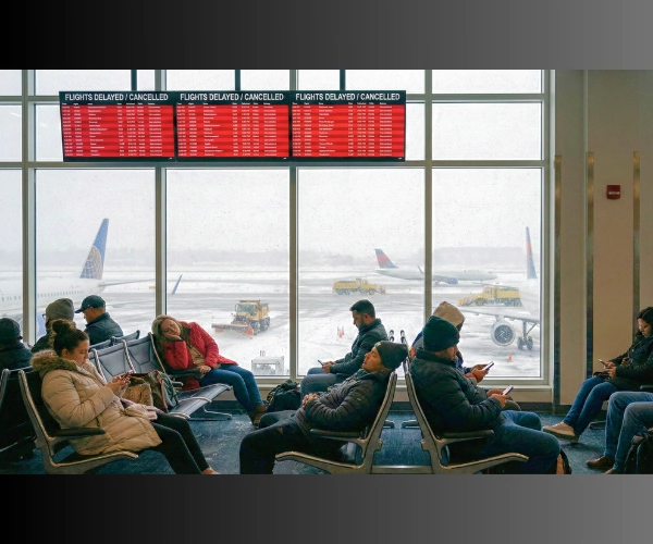 Airport passengers waiting during heavy snowfall as winter storms cause widespread U.S. travel delays.